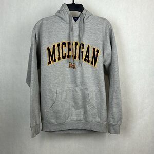 Vtg Michigan Hoodie Sweatshirt Wolverines Gray Kangaroo Hand Pocket Drawstring H